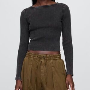 GAP Charcoal Rib Heavyweight Boatneck Long Sleeve Crop T-Shirt